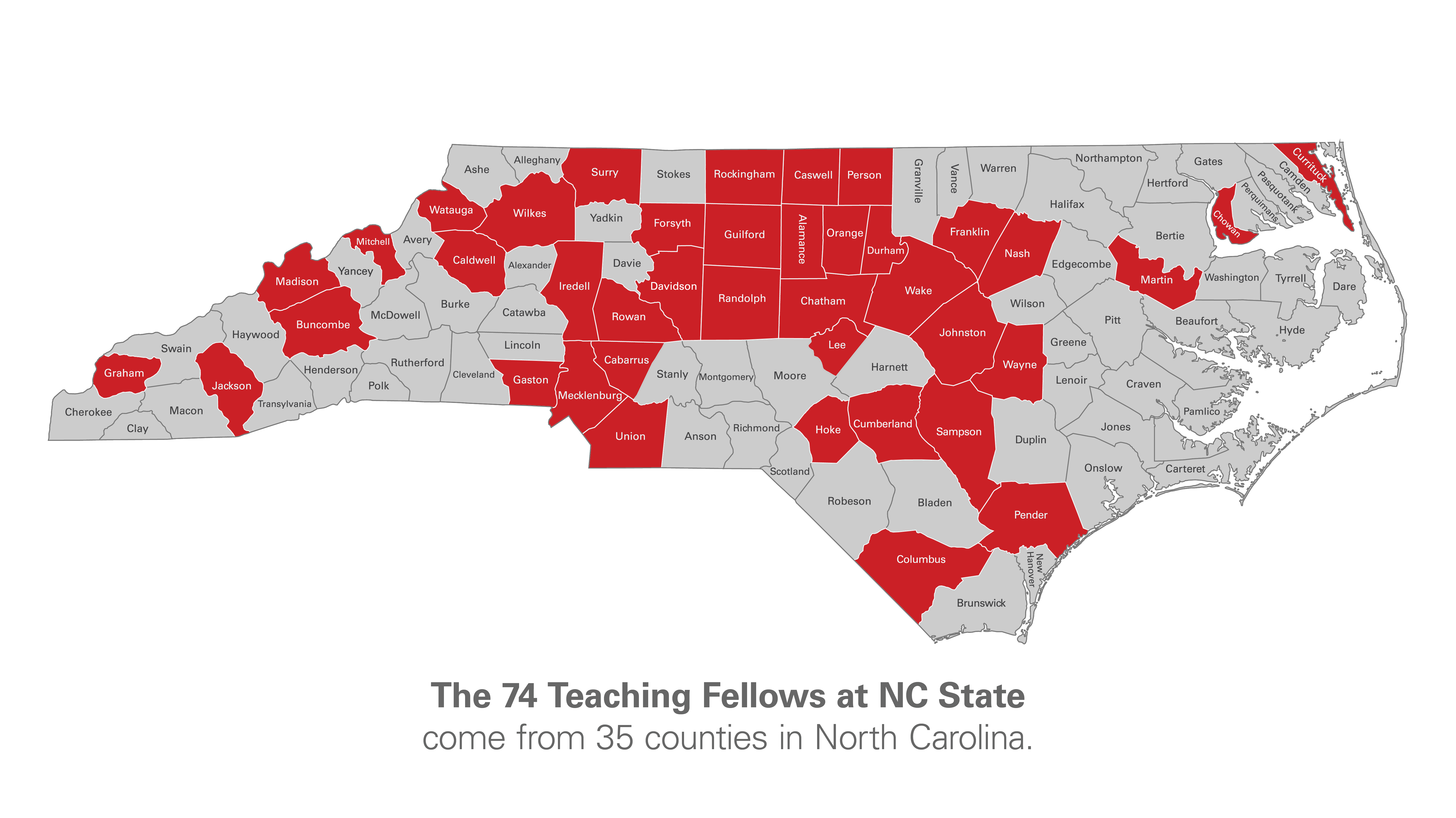 The 74 Teaching Fellows at NC State come from 35 counties in North Carolina.