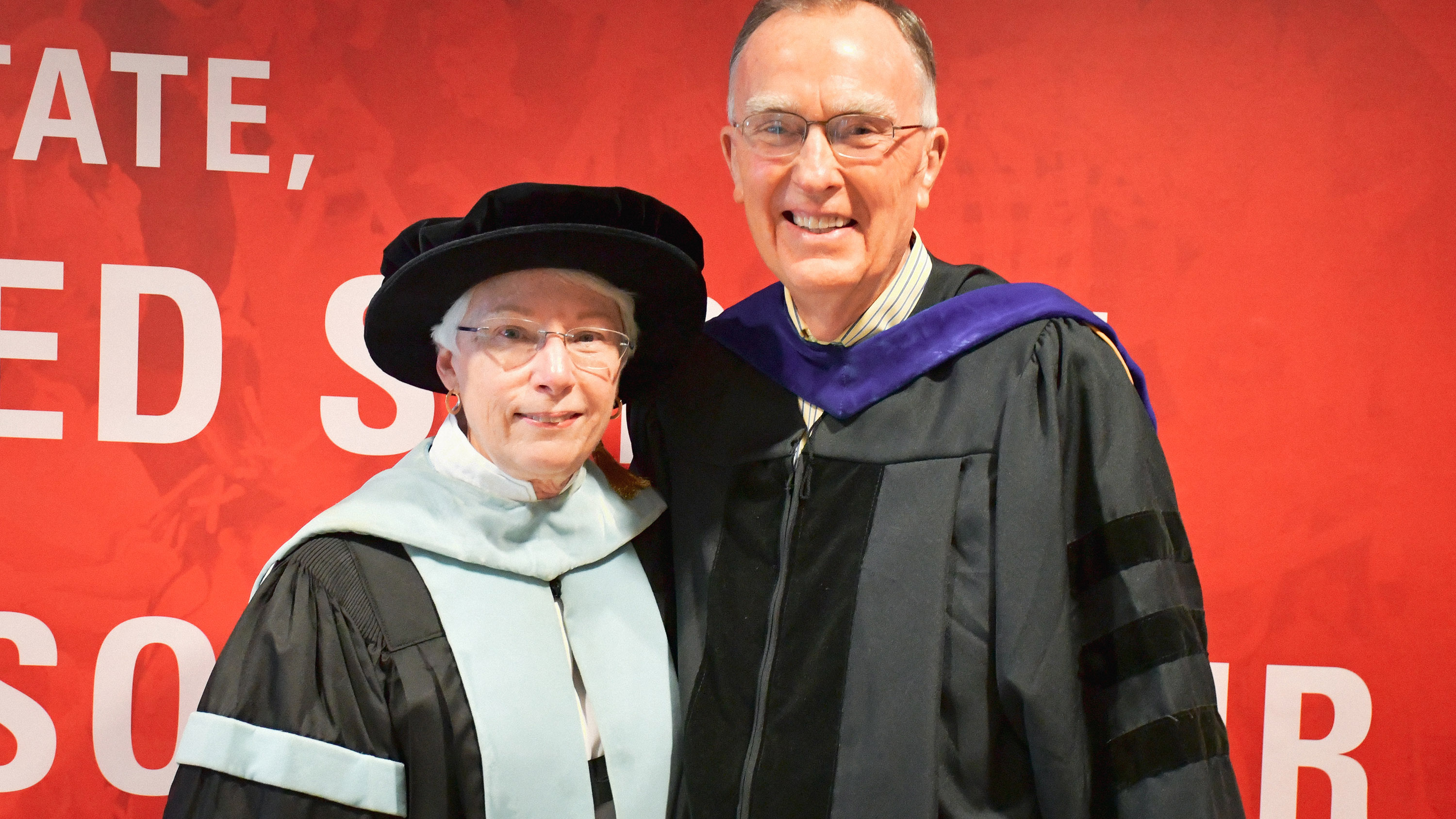 Ed Gerler with Dean Mary Ann Danowitz at the May 2019 graduation