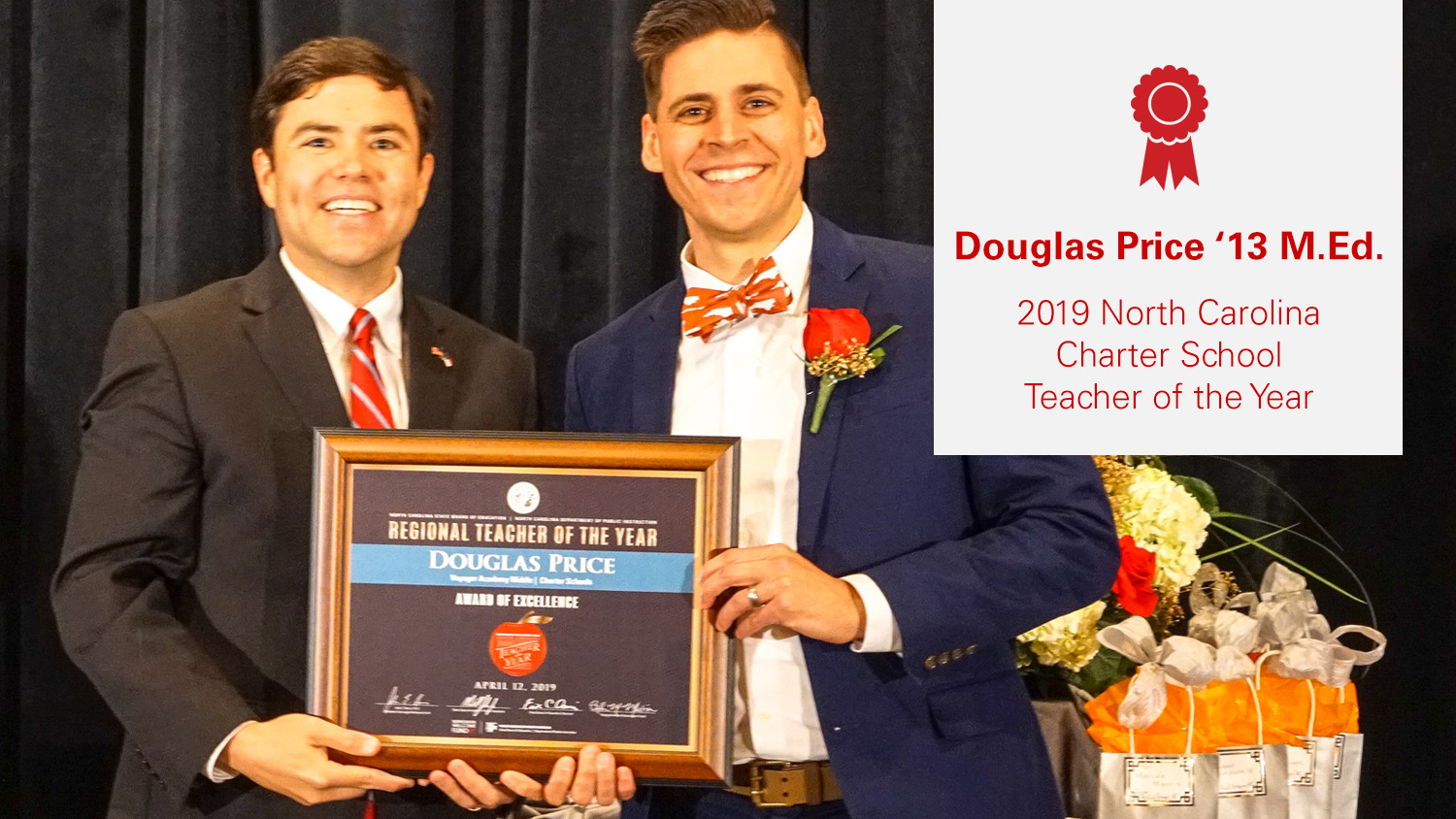 Douglas Price '13, NC Charter School Teacher of the Year, stands with State Superintendent Mark Johnson