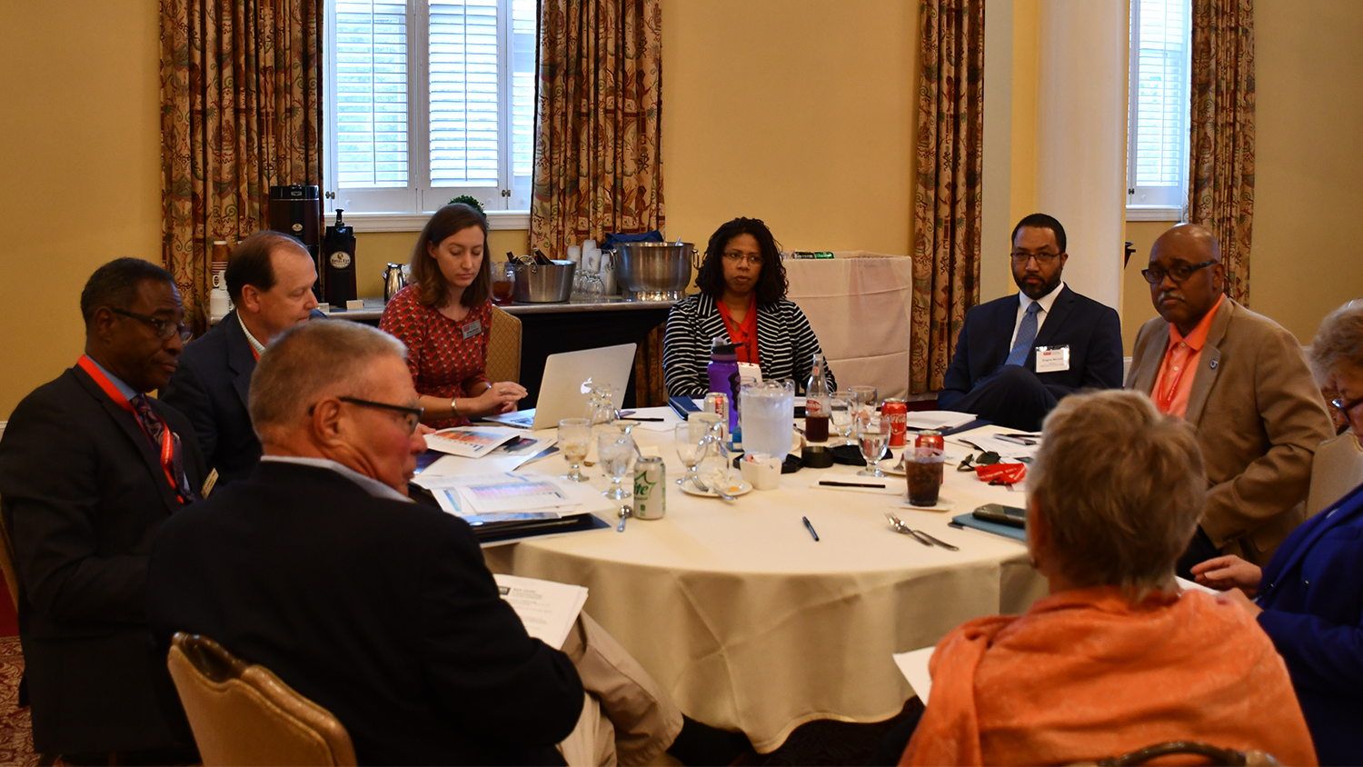 A group of community college presidents discuss data at the Belk Center Presidents' Academy Symposium on Sept. 9, 2019