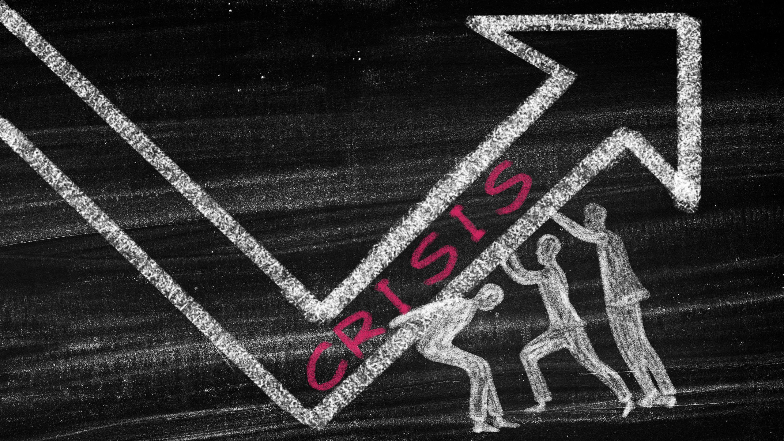 A chalk drawing of an arrow going up with the word crisis in pink with chalk people trying to hold the crisis arrow up.