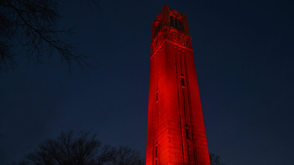 Belltower lit red