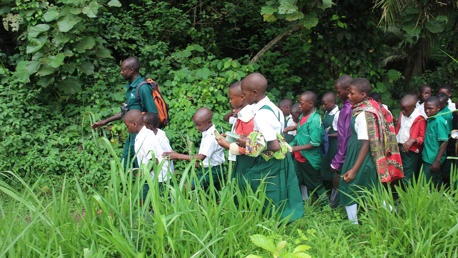 A group of students on a nature walk in Uganda
