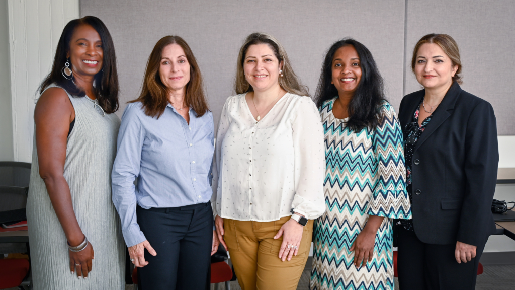 The five faculty who have joined the College of Education in 2022 are, left to right, Assistant Teaching Professor Terri Tilford, Goodnight Distinguished Professor Maria Coady, Instructor Mariam Elias, Professor Florence Martin and Assistant Teaching Professor Pooneh Lari
