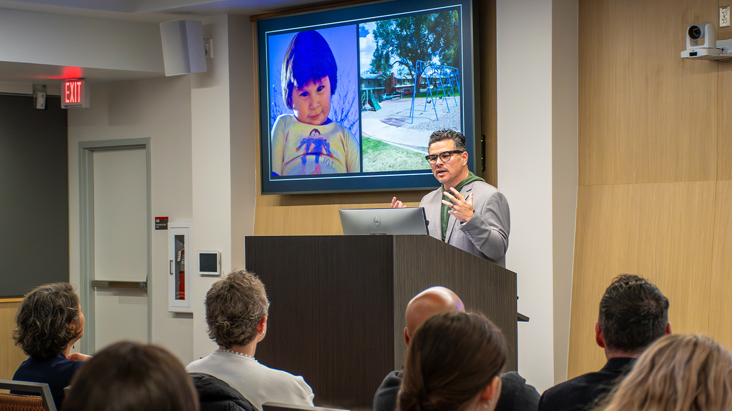 Roberto Montoya addresses the crowd and talks about his childhood during the seventh annual Don C Locke Symposium, hosted by the NC State College of Education.