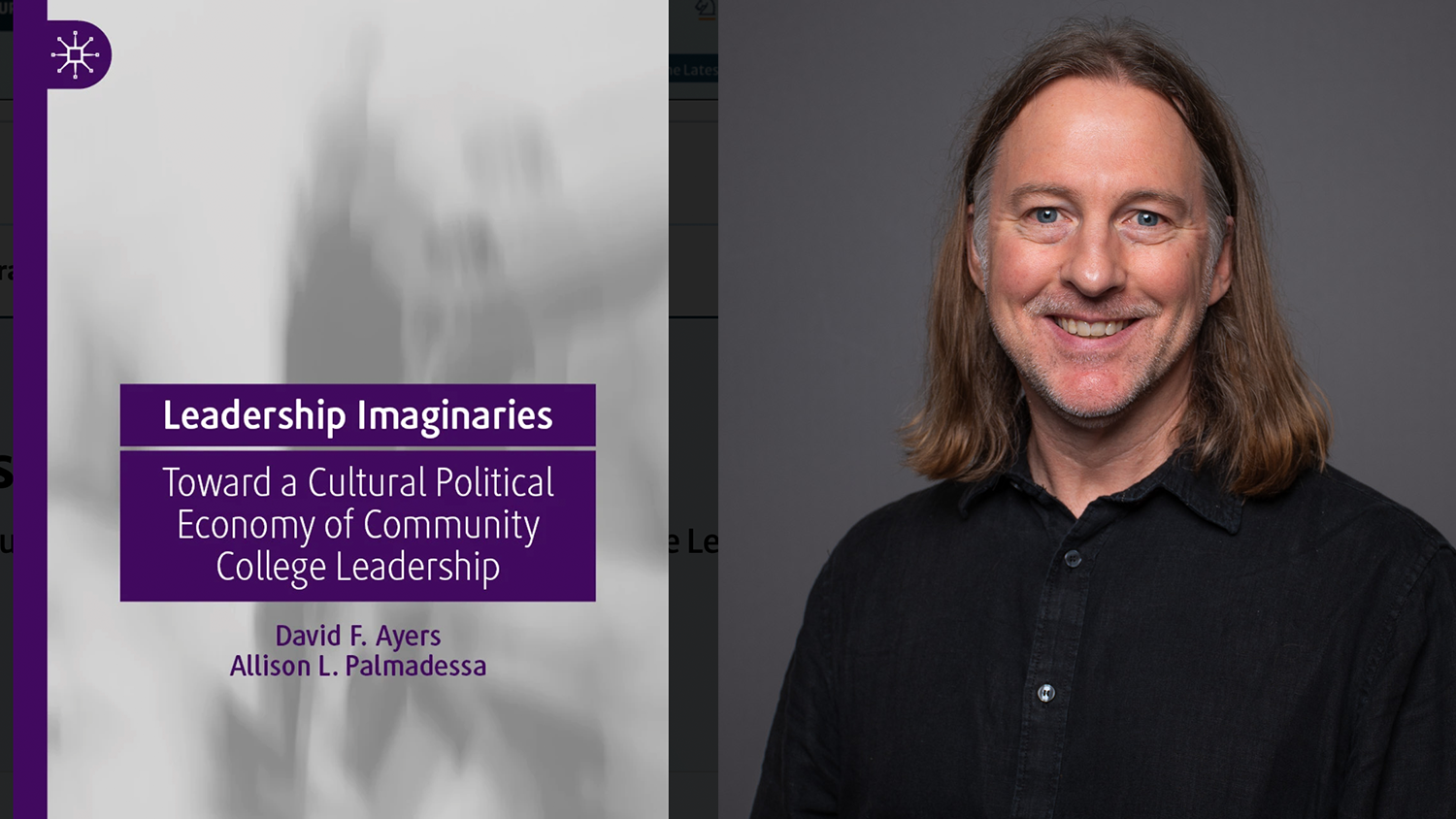 Associate Professor David Ayers depicted beside the cover of his newly published book.