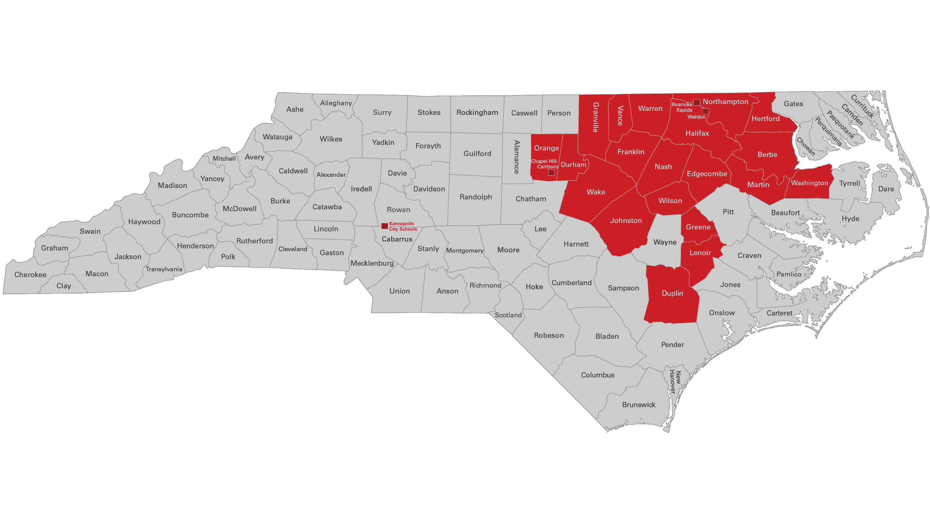 Map of North Carolina where principal preparation programs are located.