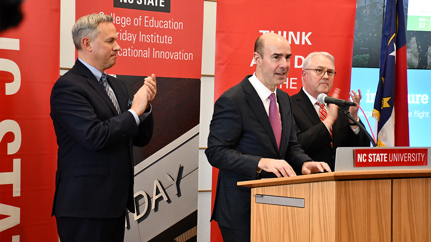 N.C. Lt Gov. Dan Forest, Labor Secretary Eugene Scalia, and NC State Chancellor Randy Woodson.