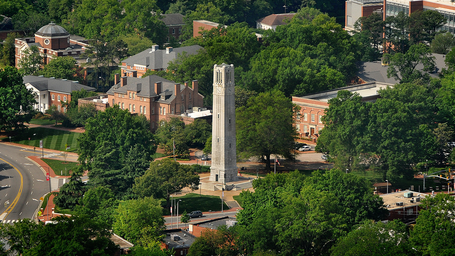 Aerial of Memorial Belltower and surrounding buildings on campus.