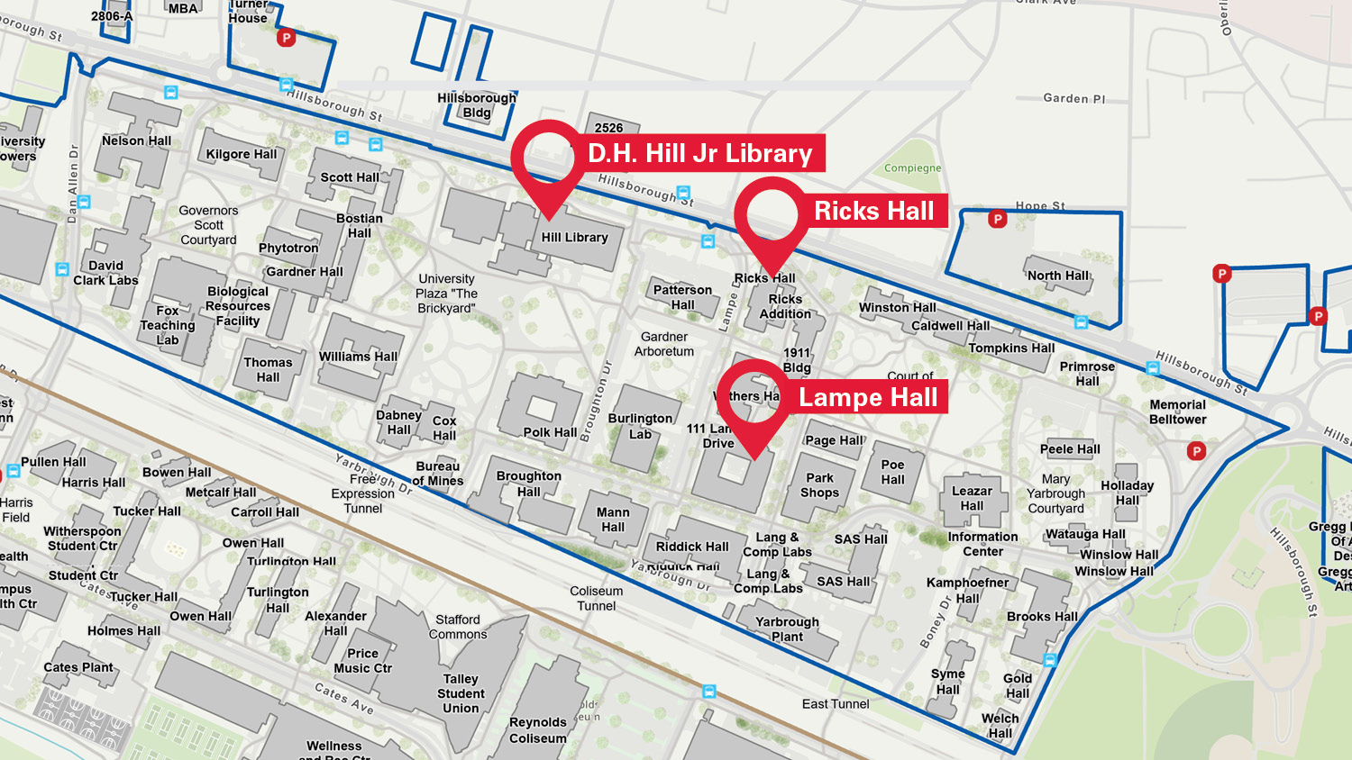 Map of D.H. Hill Jr Library, Ricks Hall, and Lampe Hall